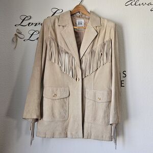 Vtg Suede Leather Jacket Womens M Beige Fringe Western Festival Cowgirl Together